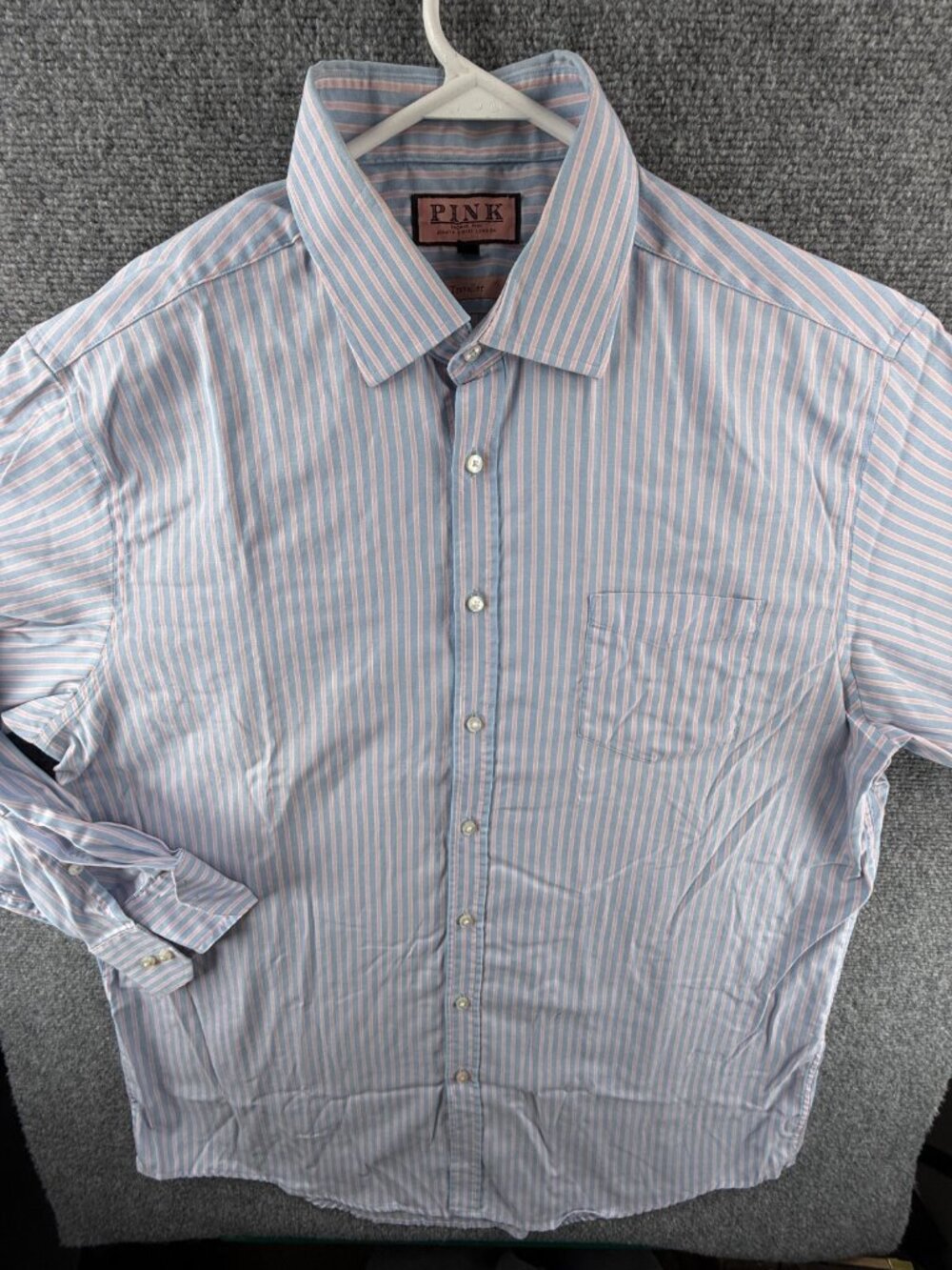 Thomas Pink Men Long Sleeve Button Up Shirt Cotton Pink Blue Striped 17.5 35.5